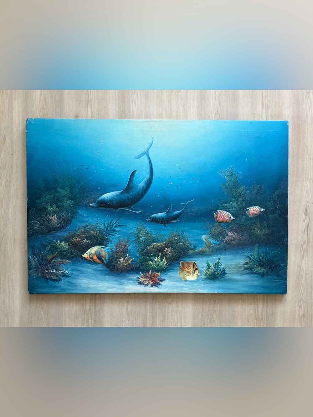 Virtage Original C. Benolt Oil Painting Dolphin Underwater Marine Life Framed